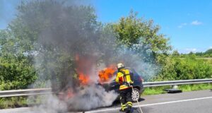 Seevetal/Ramelsloh. Ein brennendes Auto auf Autobahn A 7 in Richtung Hannover hat am Donnerstagmittag den Einsatz der Freiwilligen Feuerwehren aus Maschen und Hittfeld erfordert. Foto: Pressesprecher Feuerwehren Gemeinde Seevetal