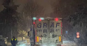 Der Lkw schaffte die Anhöhe auf der Hittfelder Landstraße nicht und rutschte Meter für Meter zurück. Foto: Hamann
